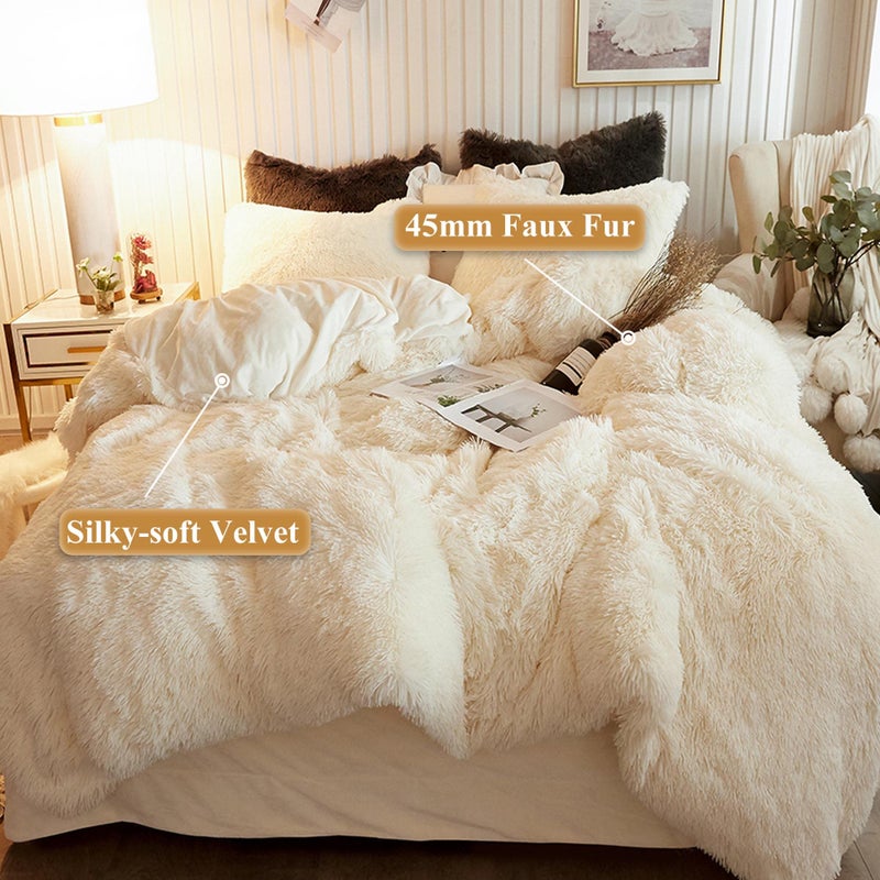 XeGe Plush Shaggy Duvet Cover, Luxury Ultra Soft Crystal Velvet Fuzzy Bedding 1PC(1 Faux Fur Duvet Cover), Fluffy Furry Comforter Cover for Bedroom Home Decoration, Zipper Closure (King, Light Beige) - Image 2